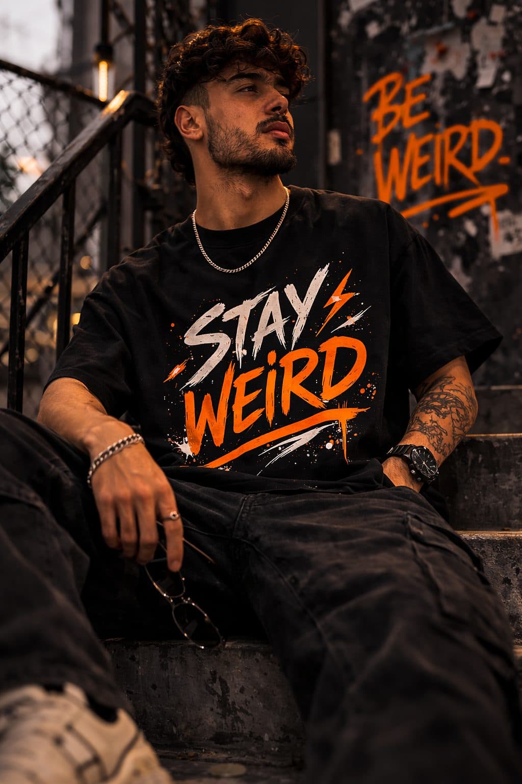 Stay Weird oversized tee, BE WEIRD graffiti behind