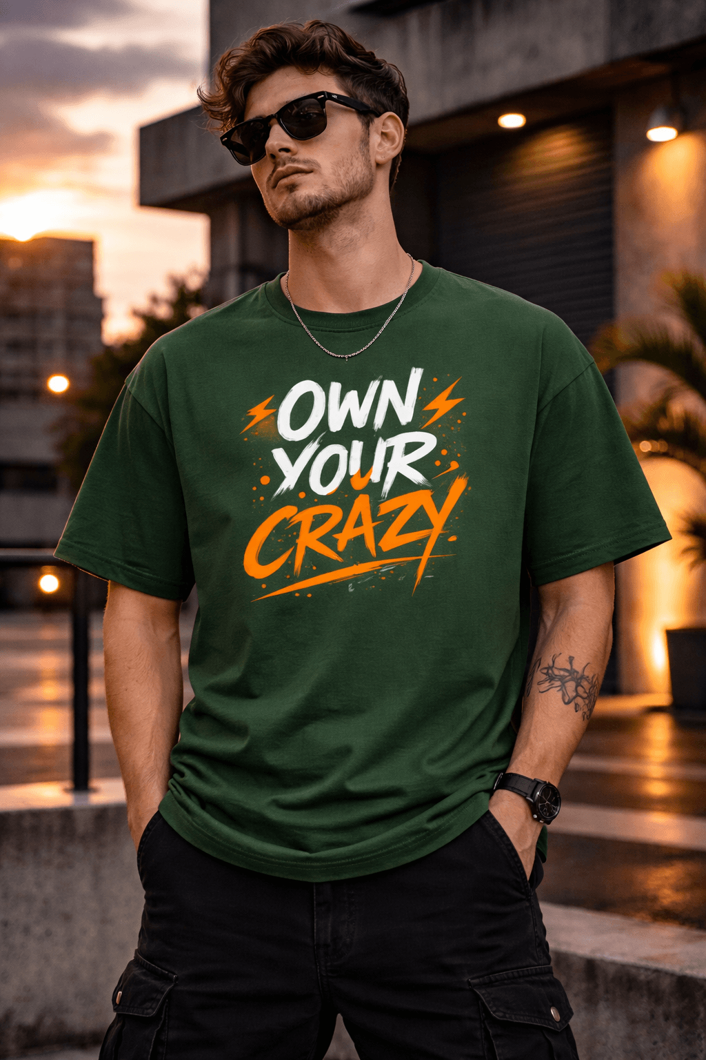 Own Your Crazy terry tee at golden hour