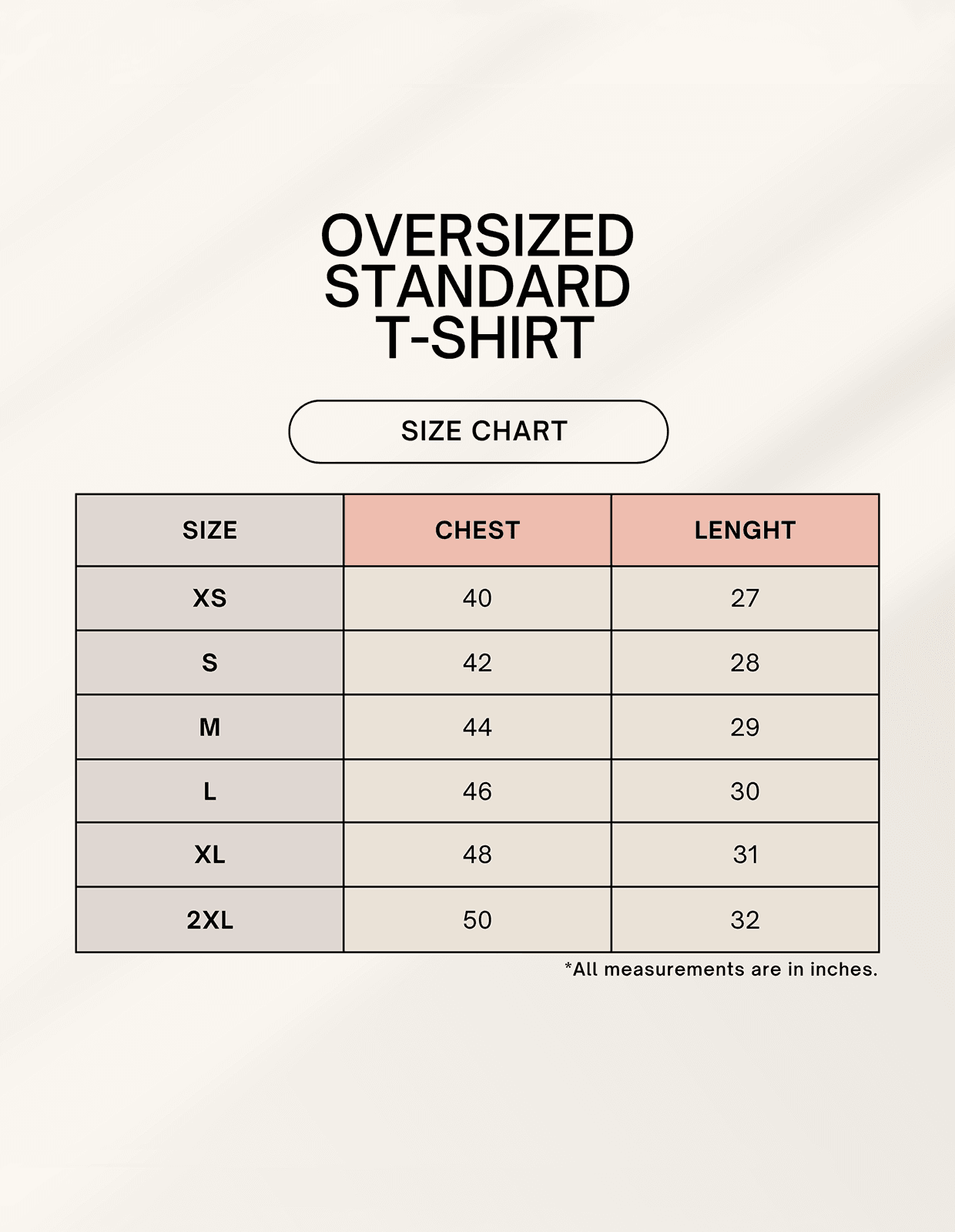 BeWeirdo oversized t-shirt size chart