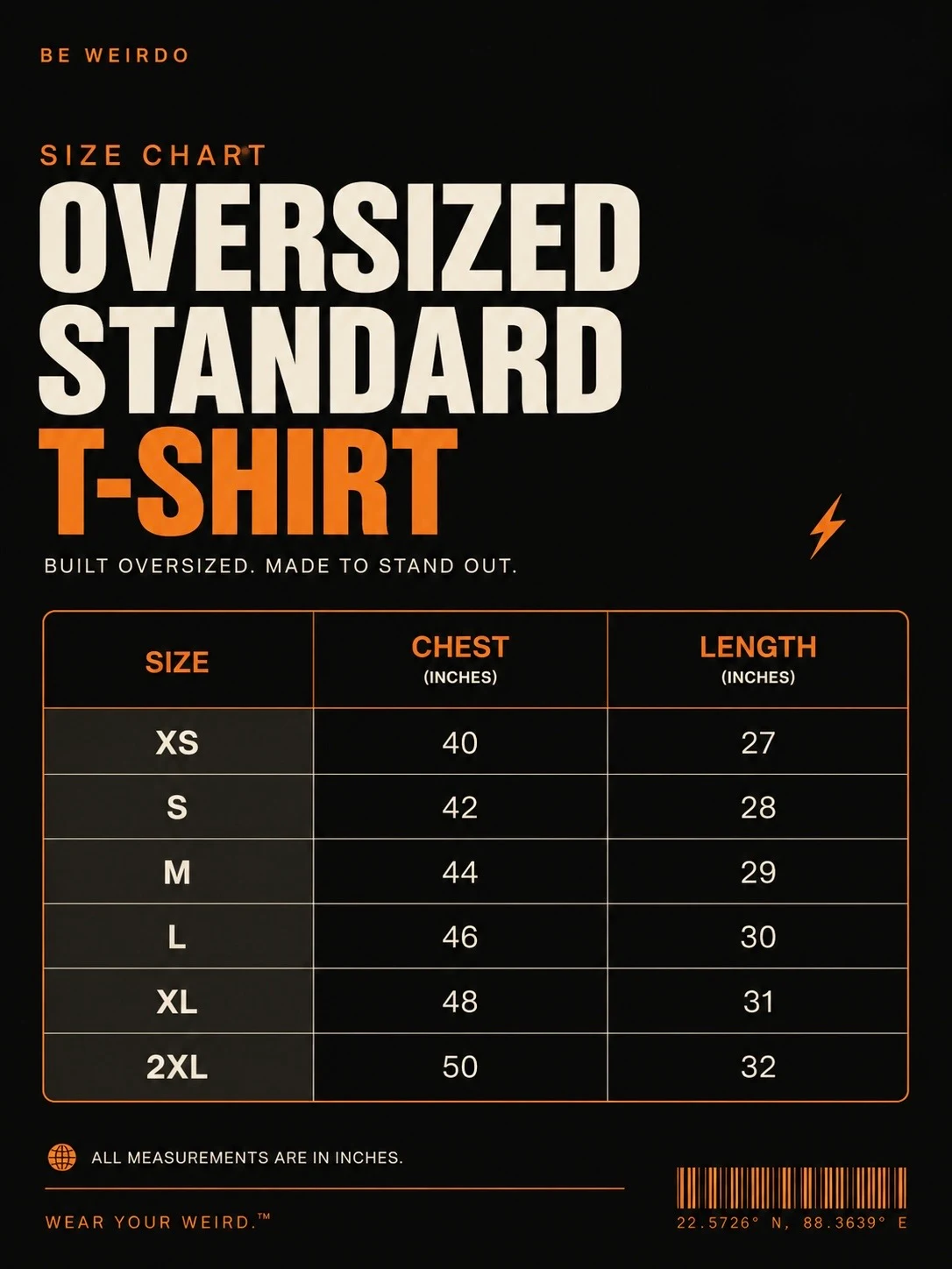 BeWeirdo oversized t-shirt size chart